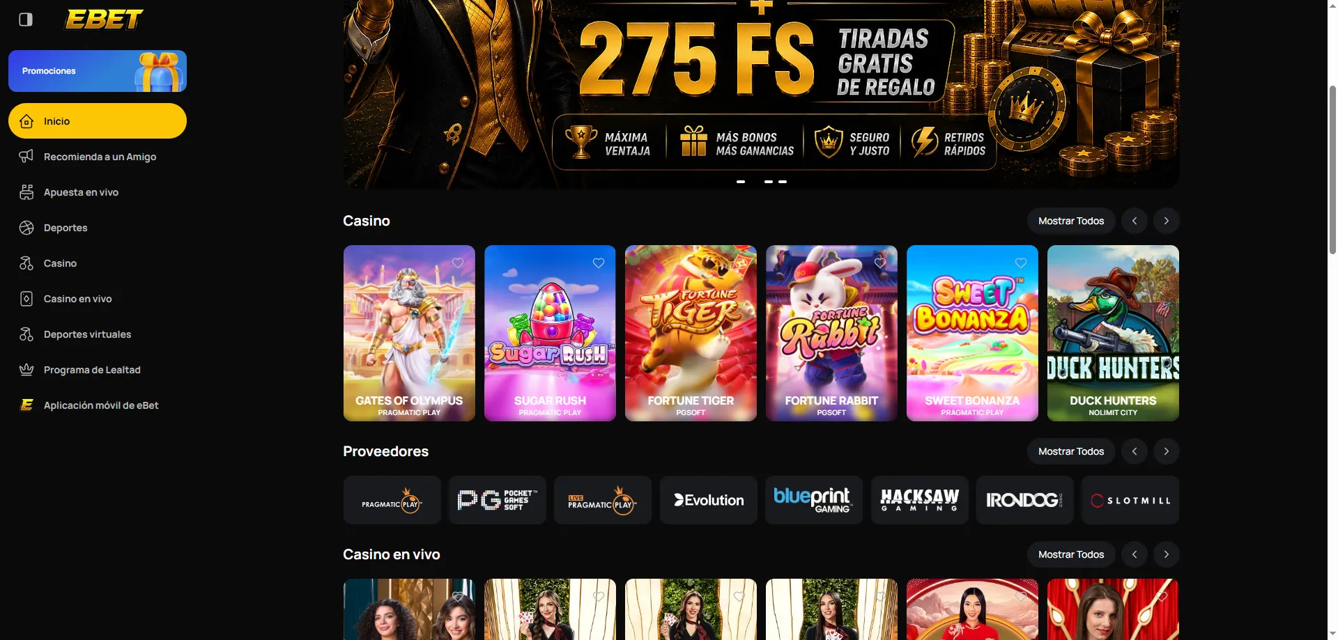 Tragamonedas y juegos de casino en eBet Casino MX