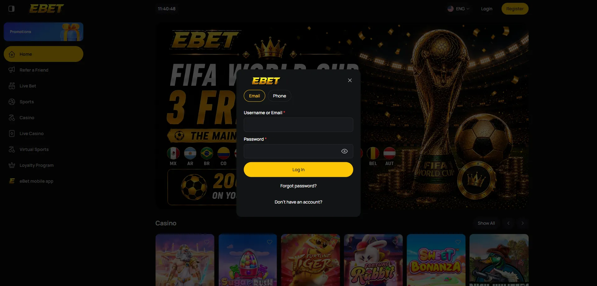 Pantalla de inicio de sesión en eBet Casino desde el navegador