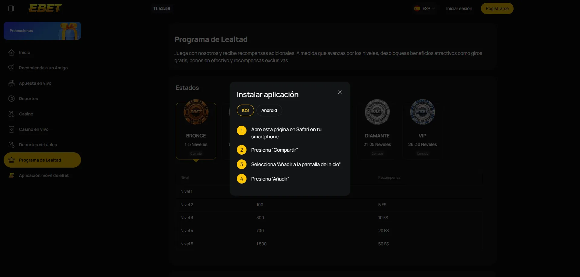Aplicación móvil de eBet Casino para Android e iOS